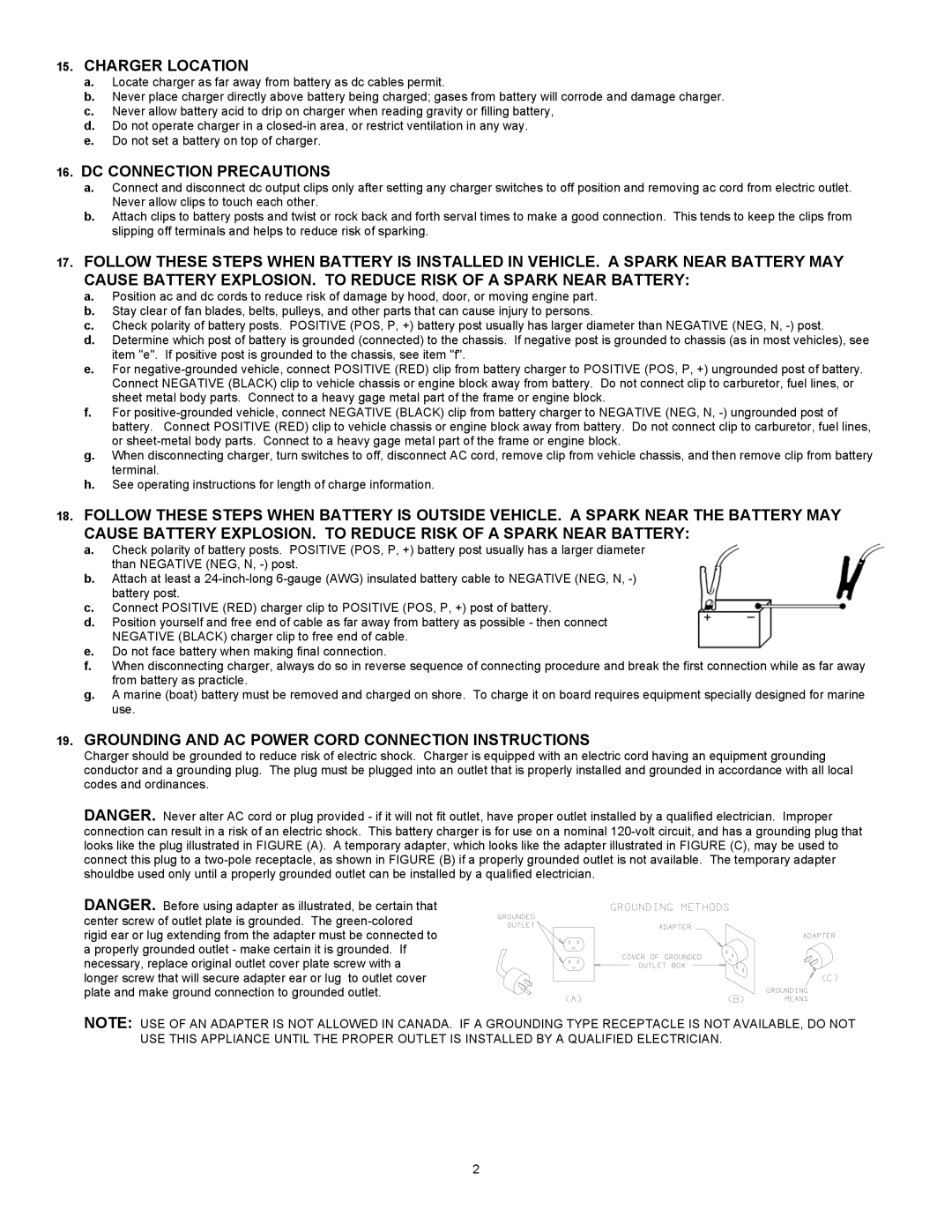 Associated Equipment 9014 Charger Location, DC Connection Precautions, Grounding and AC Power Cord Connection Instructions 