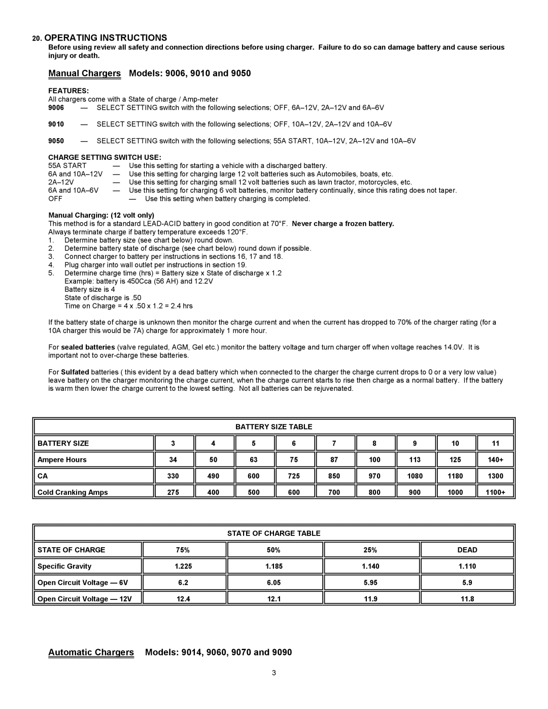 Associated Equipment 9090, 9014, 9070, 9050, 9060 Operating Instructions, Manual Chargers Models 9006, 9010 