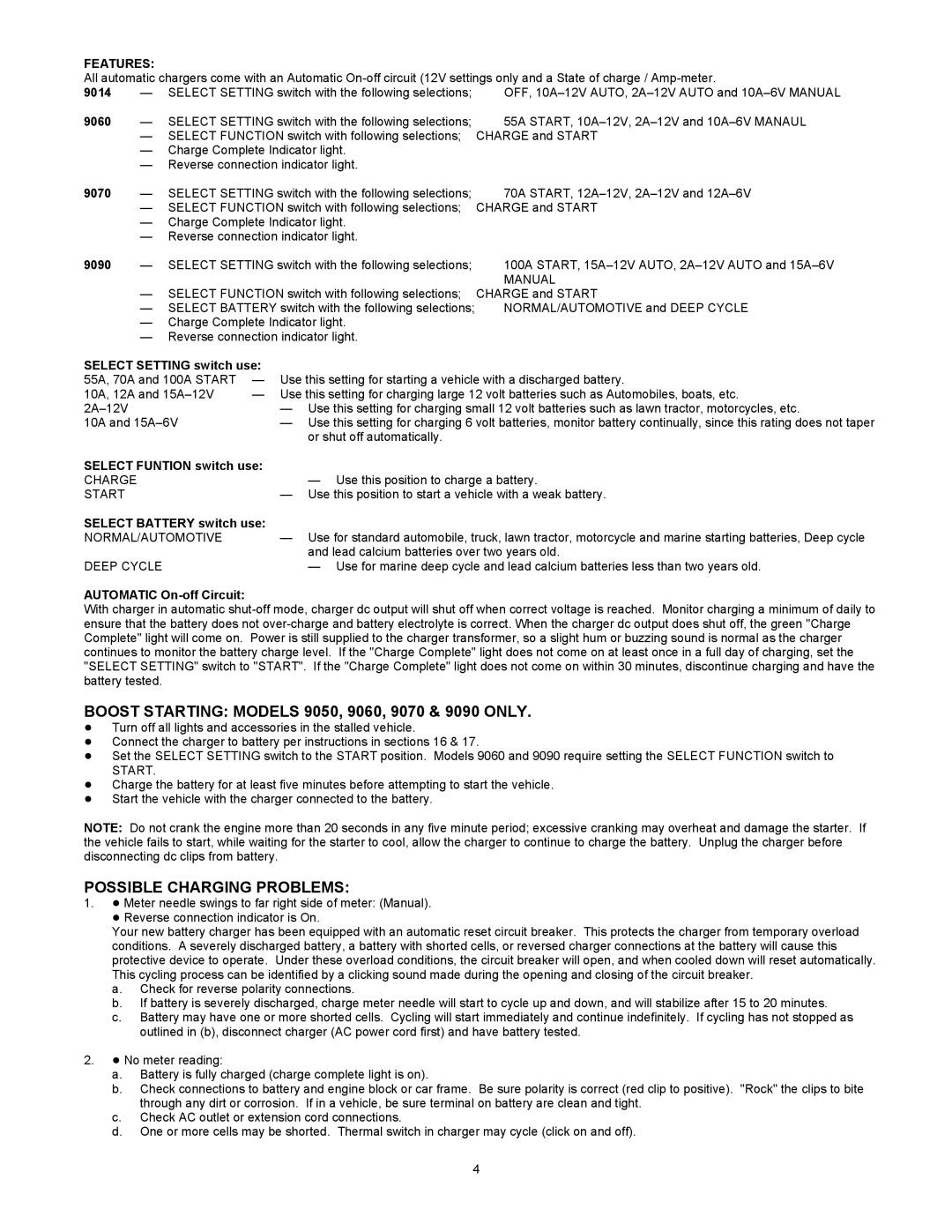 Associated Equipment 9006, 9014, 9010 Boost Starting Models 9050, 9060, 9070 & 9090 only, Possible Charging Problems 