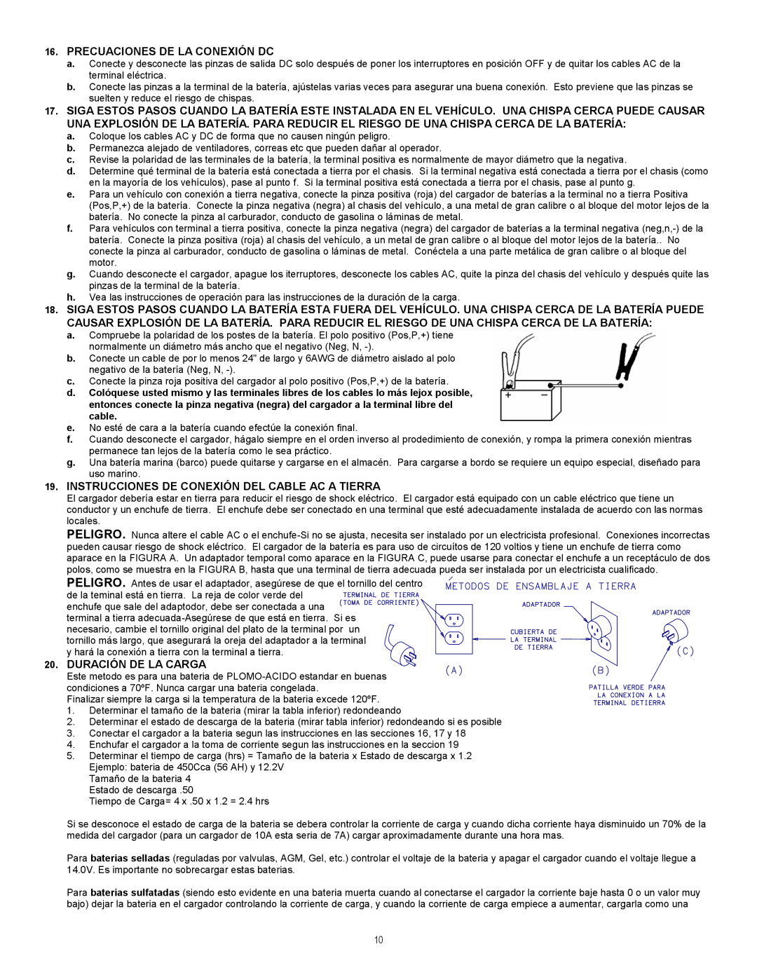 Associated Equipment 9305 Precuaciones DE LA Conexión DC, Instrucciones DE Conexión DEL Cable AC a Tierra 