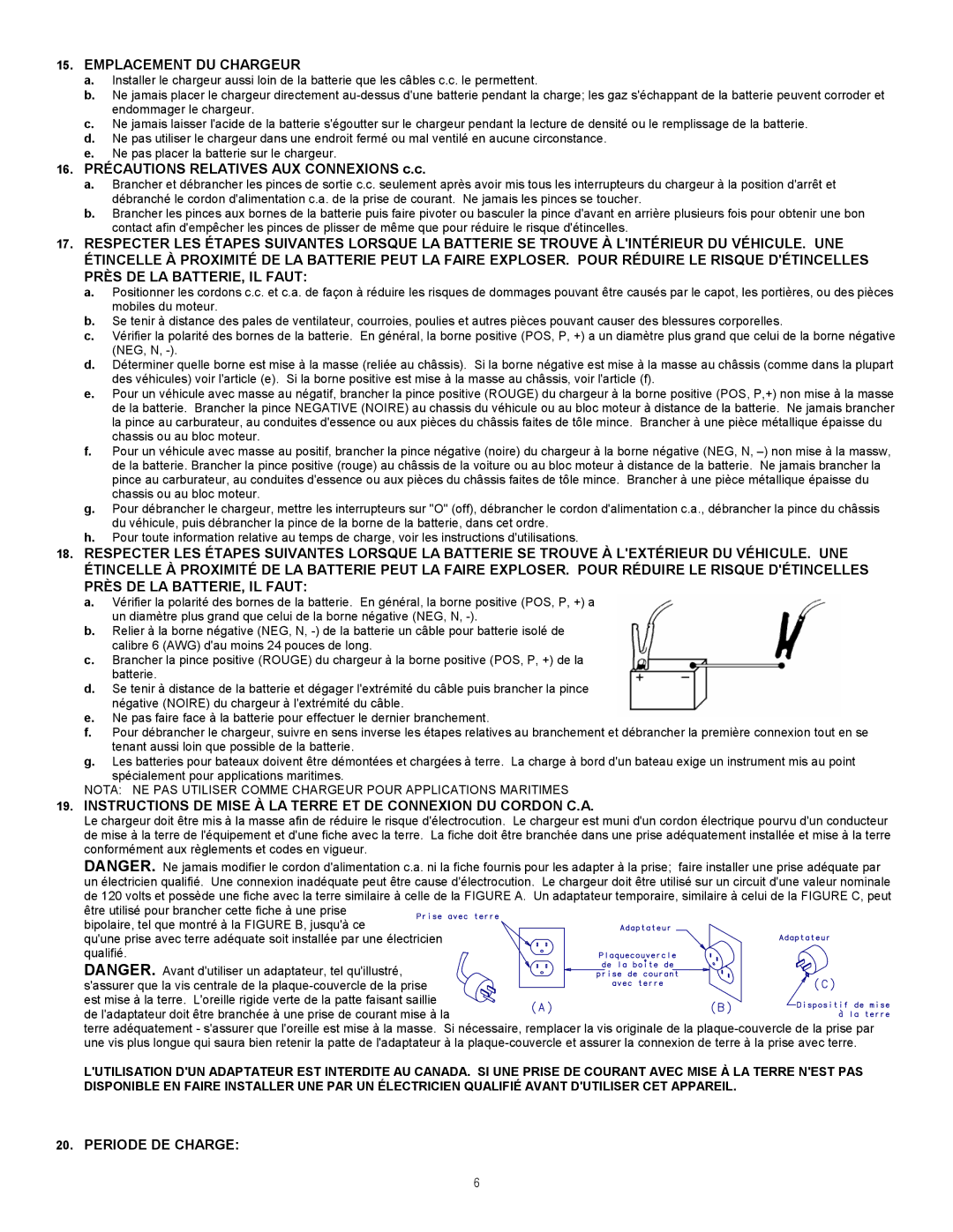 Associated Equipment 9305 important safety instructions Emplacement DU Chargeur, Periode DE Charge 