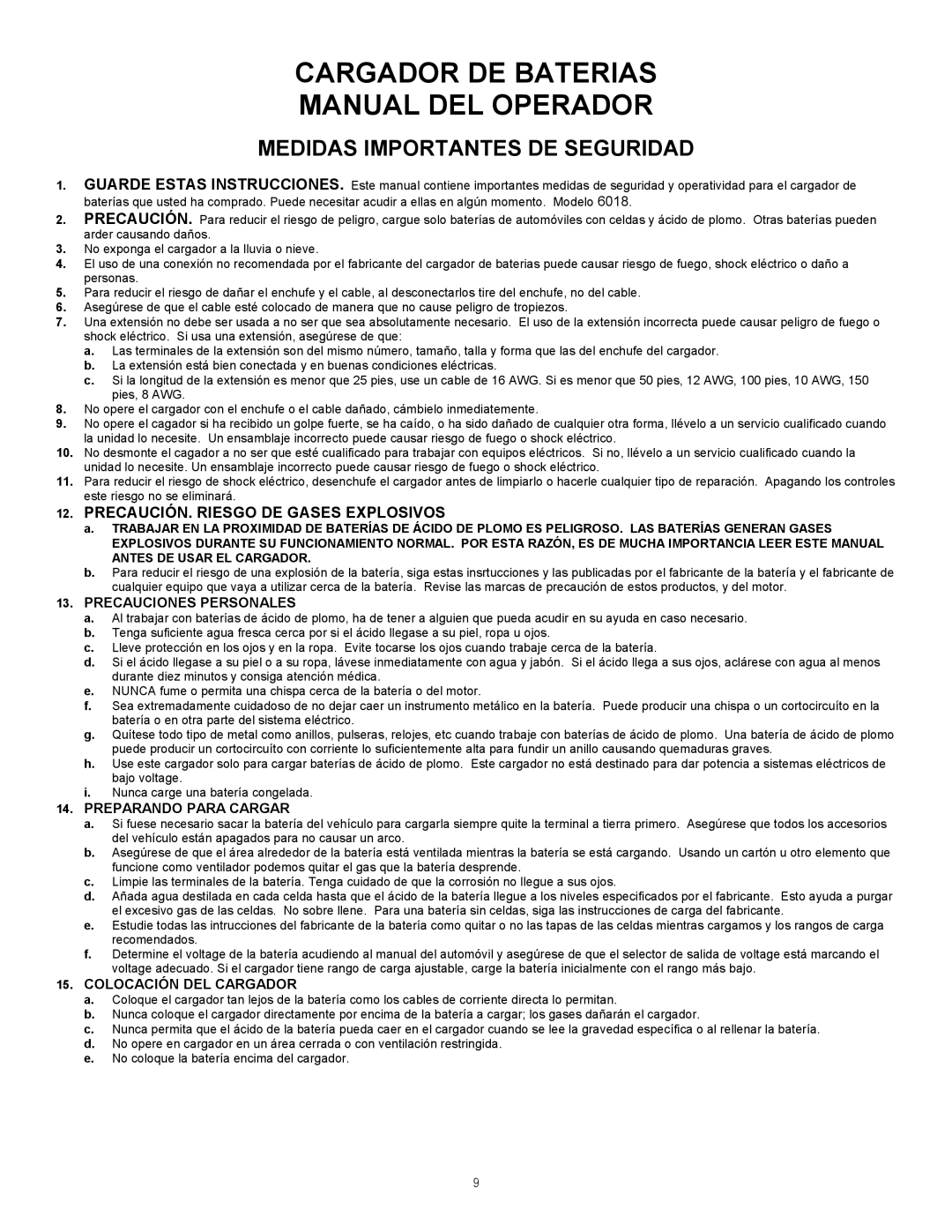 Associated Equipment 9305 Cargador DE Baterias Manual DEL Operador, Precauciones Personales, Preparando Para Cargar 