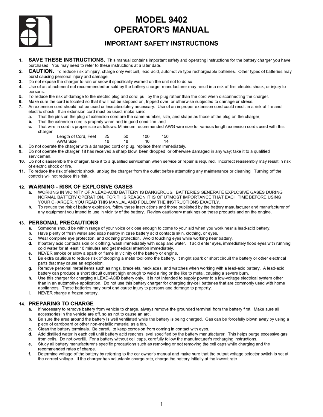 Associated Equipment 9402 important safety instructions Operators Manual, Important Safety Instructions 