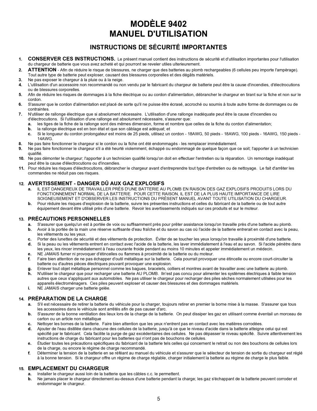 Associated Equipment 9402 important safety instructions Modèle Manuel Dutilisation, Instructions DE Sécurité Importantes 