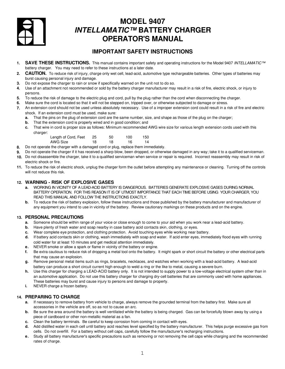 Associated Equipment 9407 important safety instructions Intellamatic Battery Charger Operators Manual, Preparing to Charge 