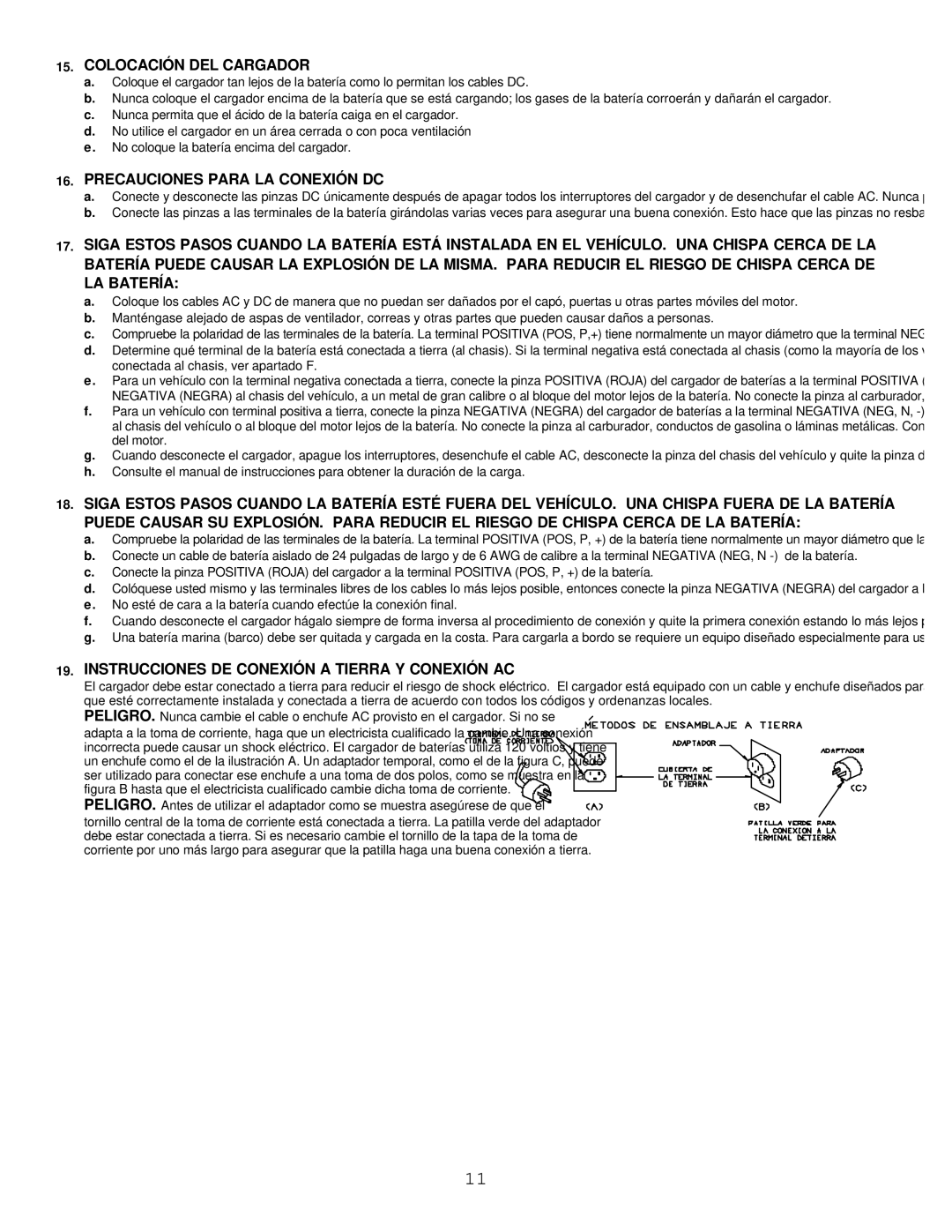 Associated Equipment 9407 important safety instructions Colocación DEL Cargador, Precauciones Para LA Conexión DC 