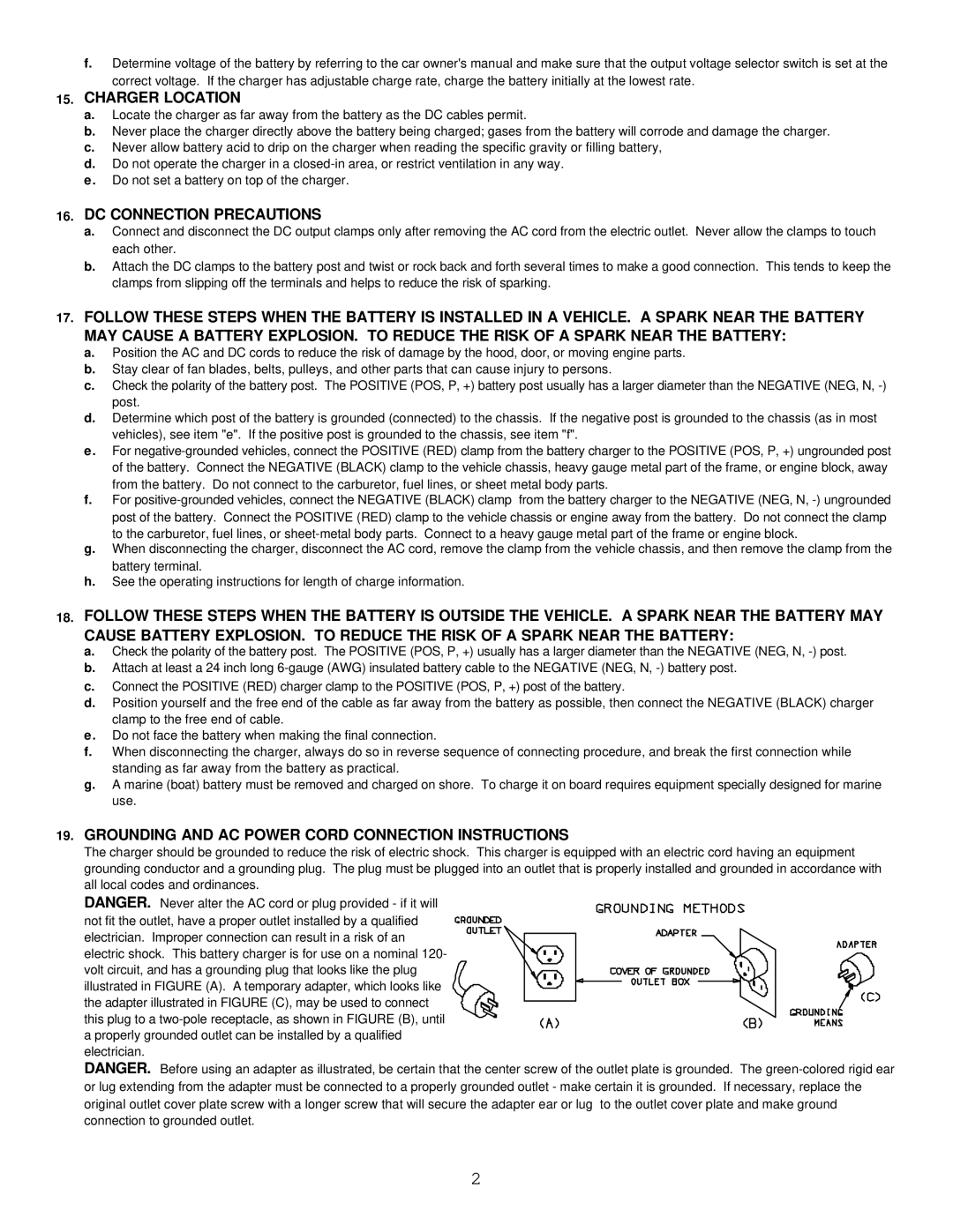 Associated Equipment 9407 Charger Location, DC Connection Precautions, Grounding and AC Power Cord Connection Instructions 