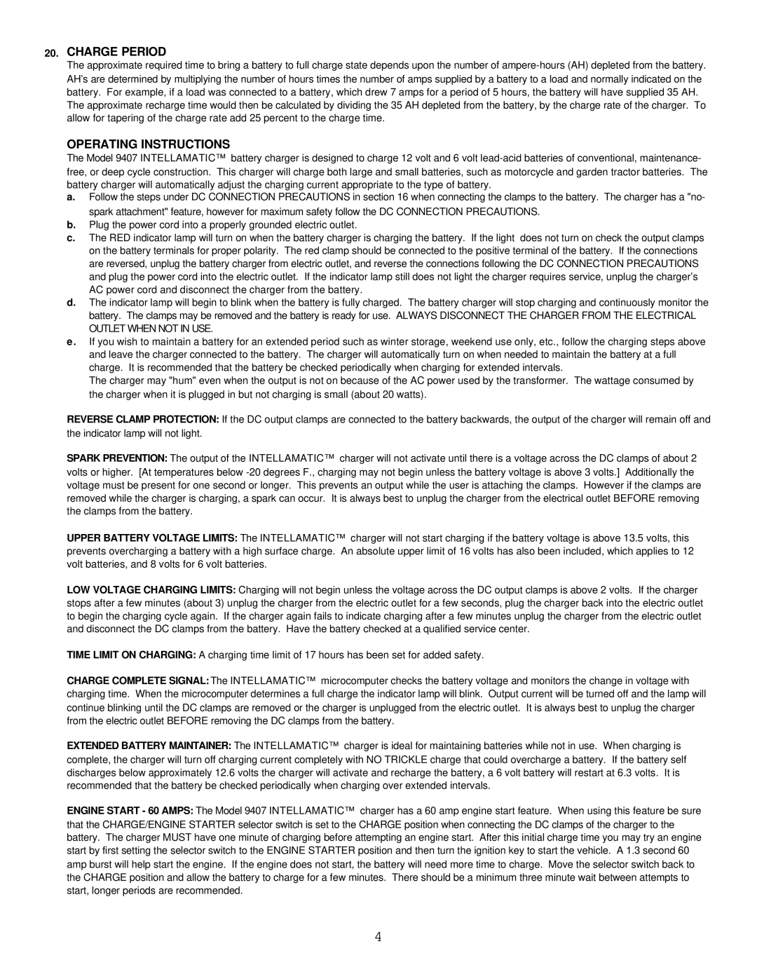 Associated Equipment 9407 important safety instructions Charge Period, Operating Instructions 