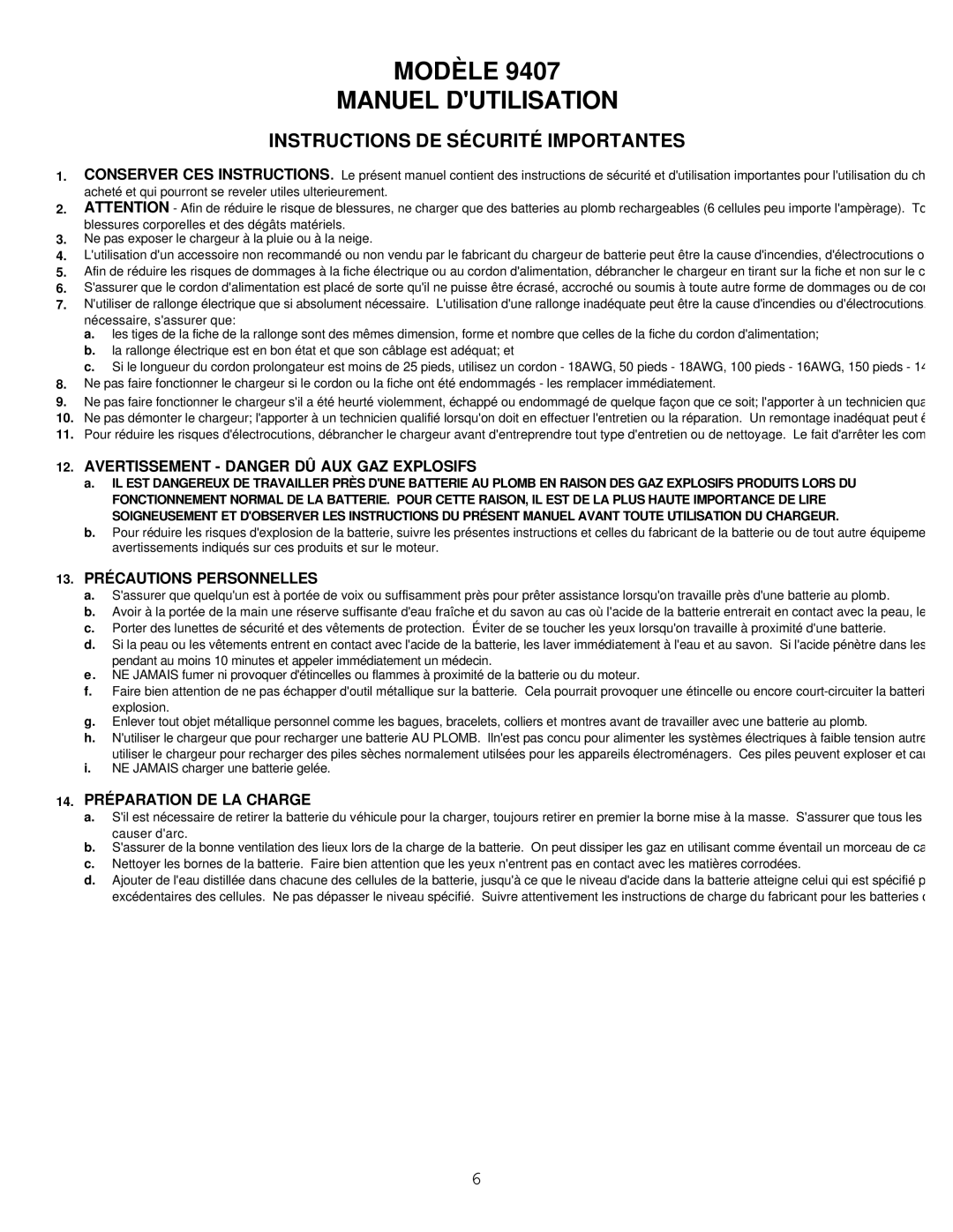 Associated Equipment 9407 Modèle Manuel Dutilisation, Instructions DE Sécurité Importantes, 13. Précautions Personnelles 