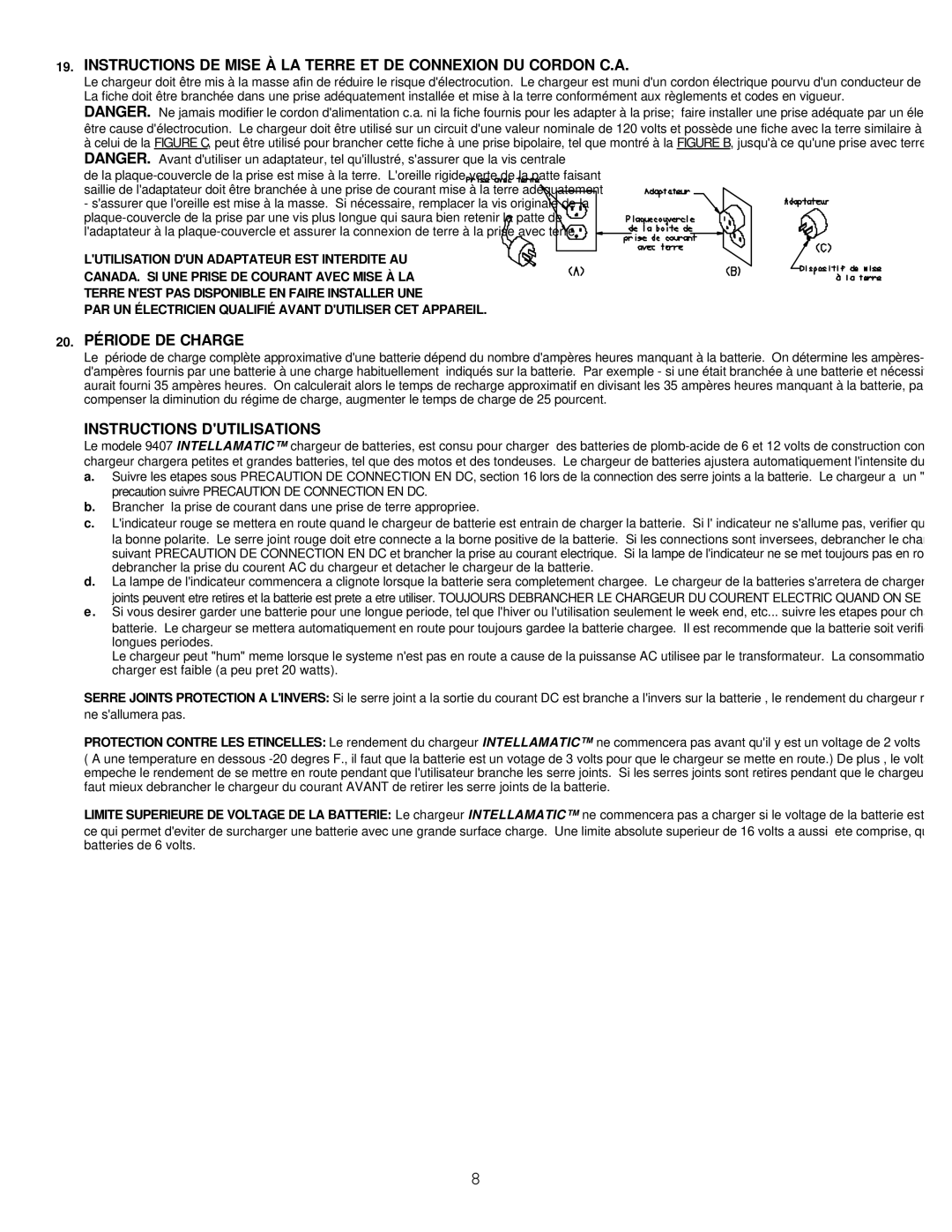 Associated Equipment 9407 important safety instructions 20. Période DE Charge, Instructions Dutilisations 