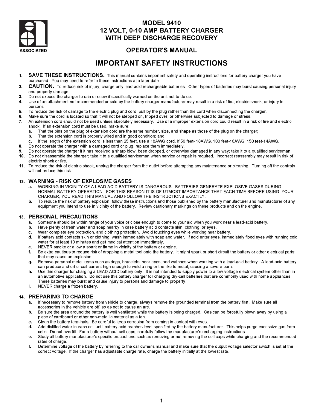 Associated Equipment 9410 important safety instructions Personal Precautions, Preparing to Charge 