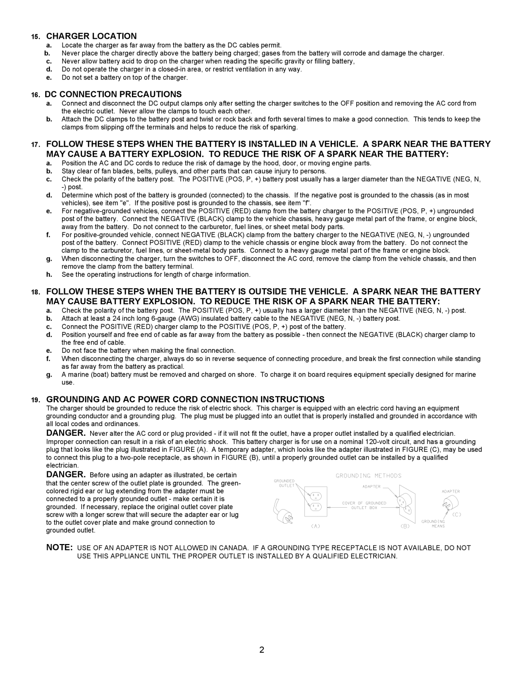 Associated Equipment 9410 Charger Location, DC Connection Precautions, Grounding and AC Power Cord Connection Instructions 