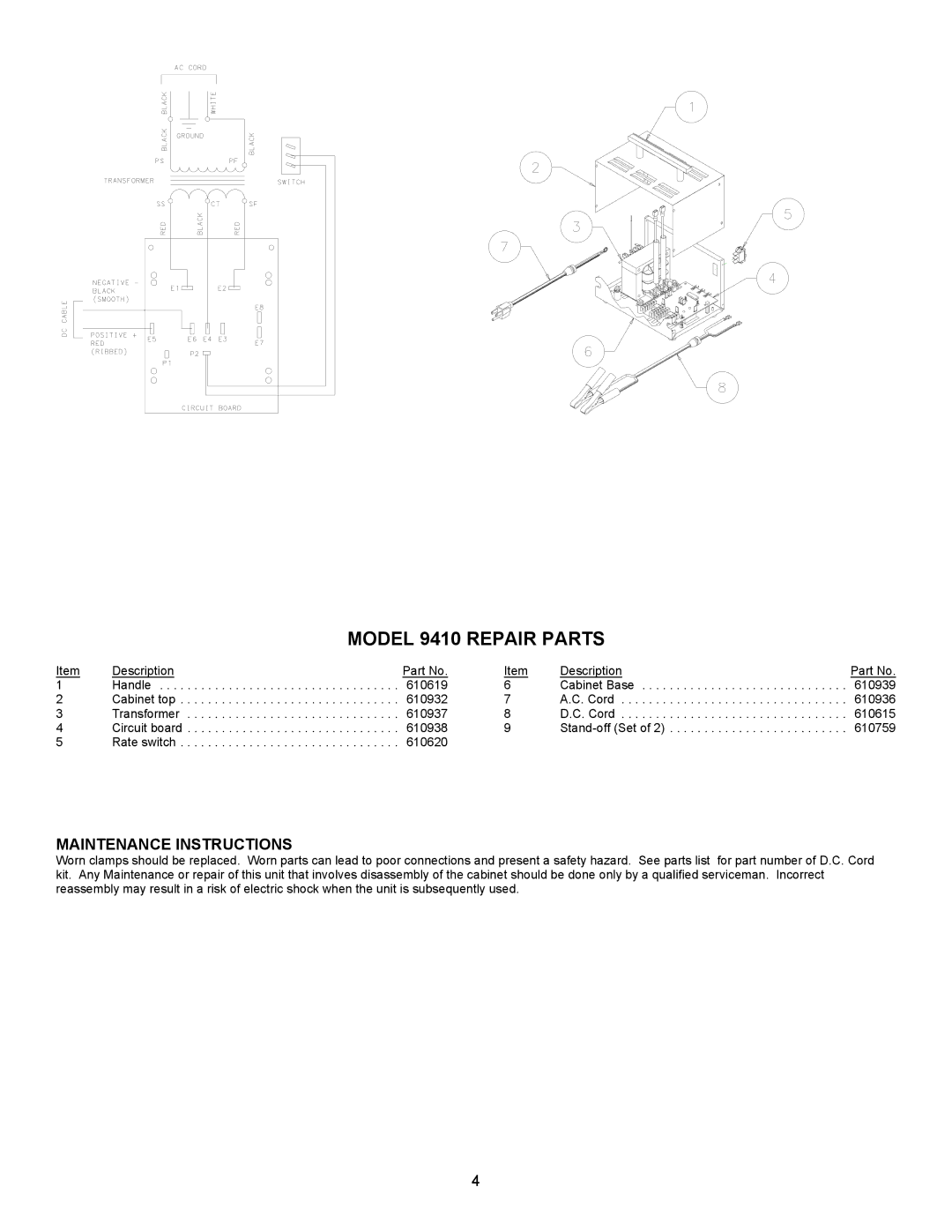 Associated Equipment important safety instructions Model 9410 Repair Parts, Maintenance Instructions 