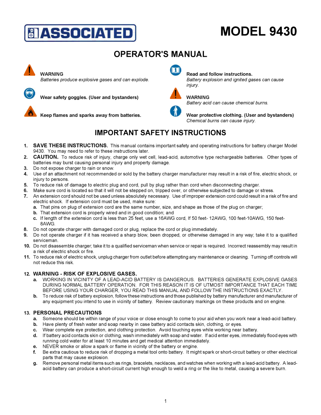 Associated Equipment 9430 important safety instructions Operators Manual, Important Safety Instructions 