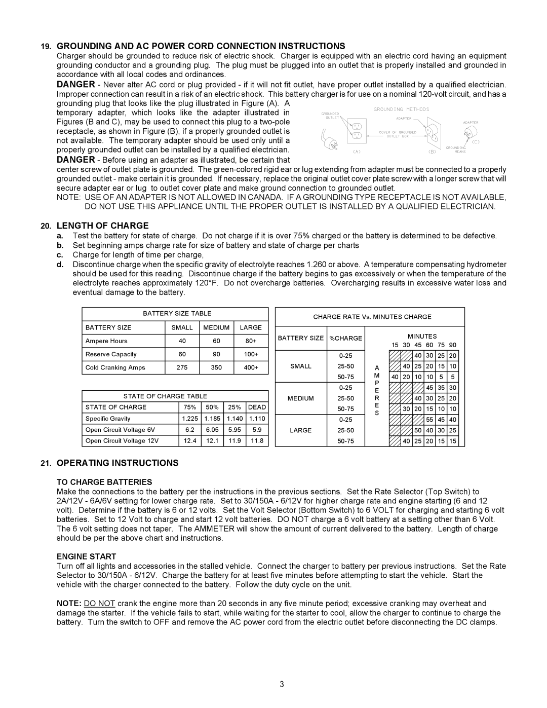 Associated Equipment 9430 Grounding and AC Power Cord Connection Instructions, Length of Charge, Operating Instructions 