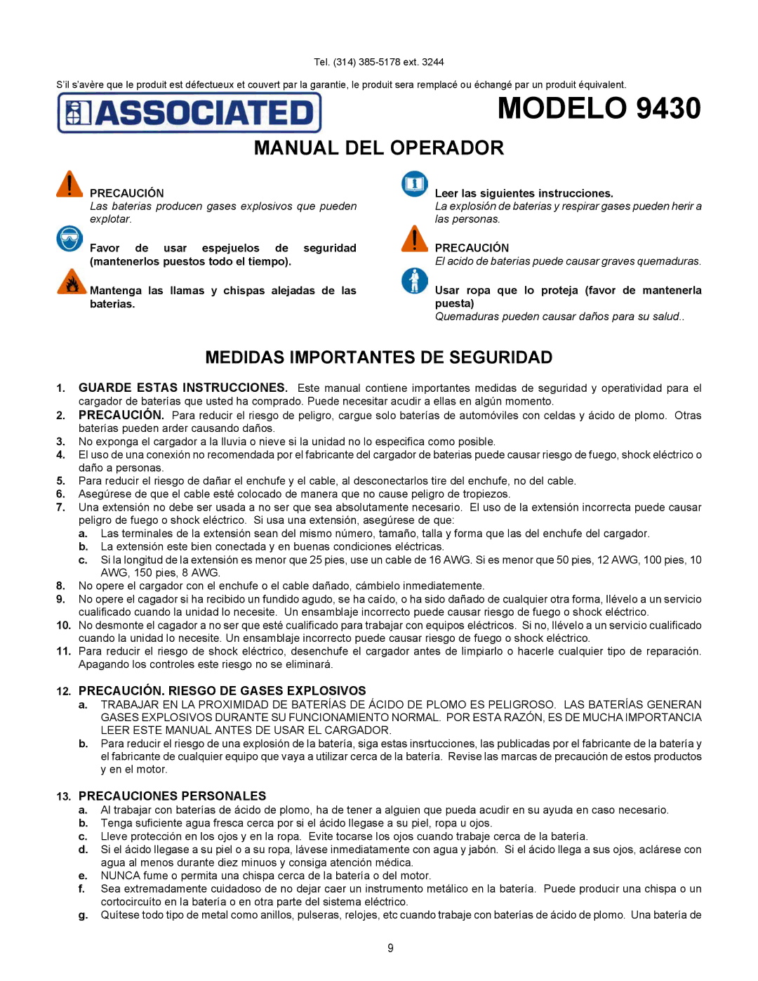 Associated Equipment 9430 Manual DEL Operador, Medidas Importantes DE Seguridad, PRECAUCIÓN. Riesgo DE Gases Explosivos 