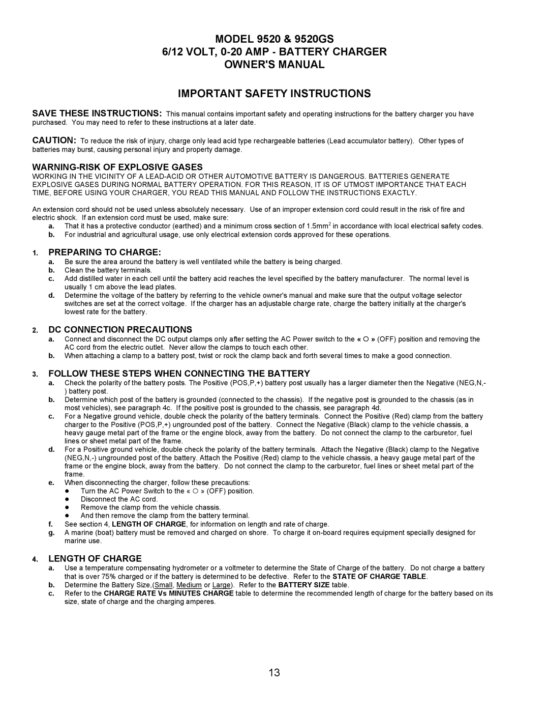 Associated Equipment 9520GS owner manual Preparing to Charge, DC Connection Precautions, Length of Charge 