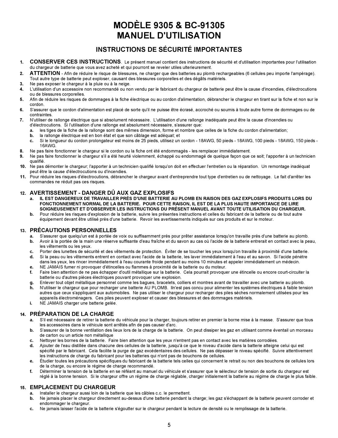 Associated Equipment BC-91305 important safety instructions Manuel Dutilisation, Instructions DE Sécurité Importantes 