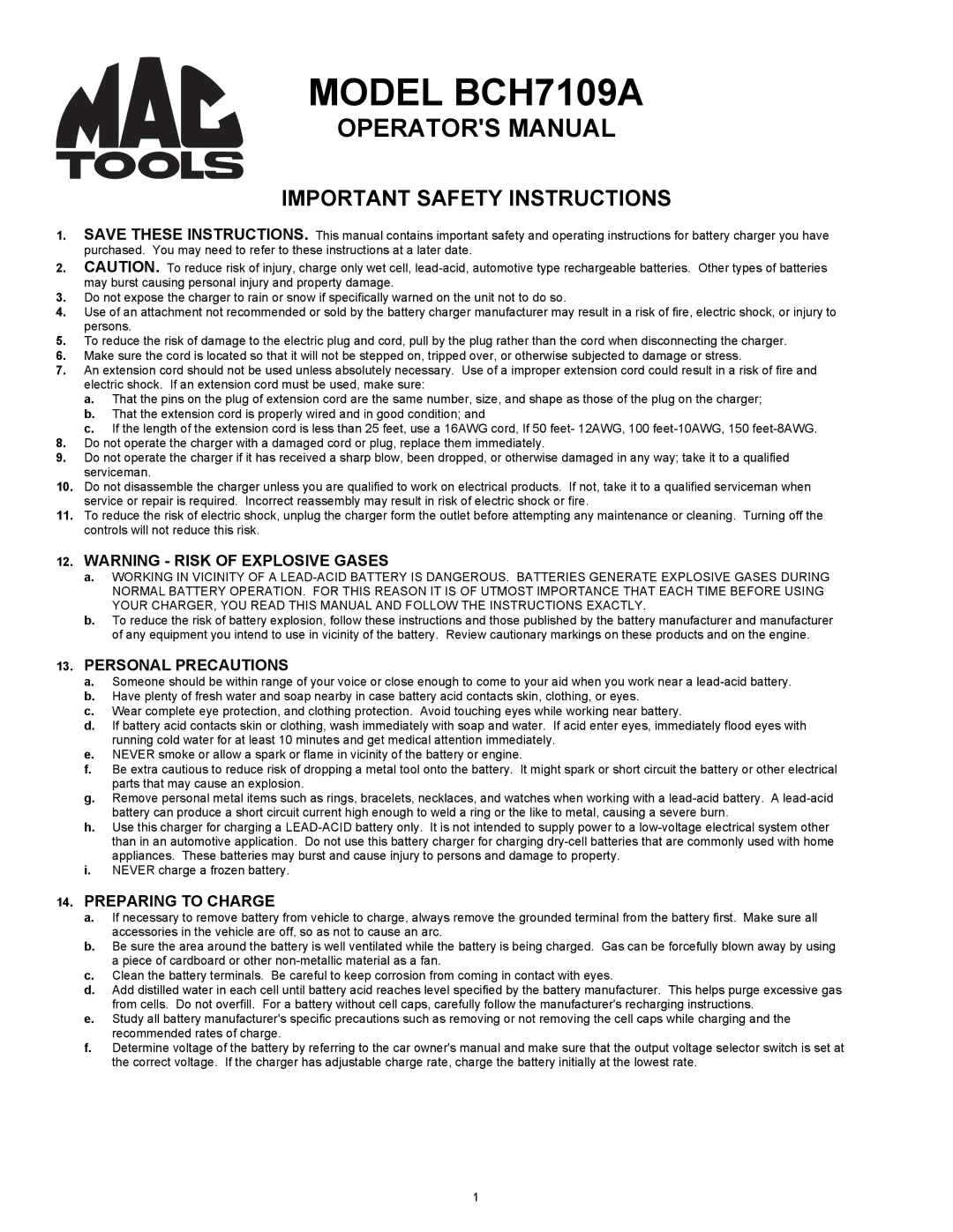 Associated Equipment BCH7109A important safety instructions Personal Precautions, Preparing to Charge 