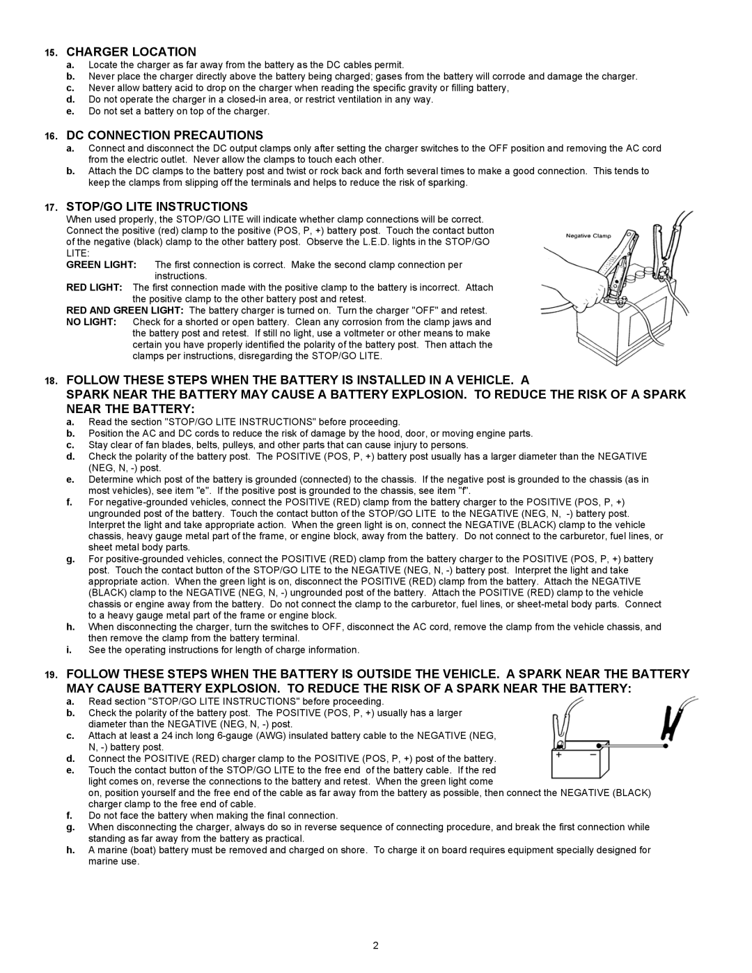 Associated Equipment BCH7109A Charger Location, DC Connection Precautions, STOP/GO Lite Instructions 