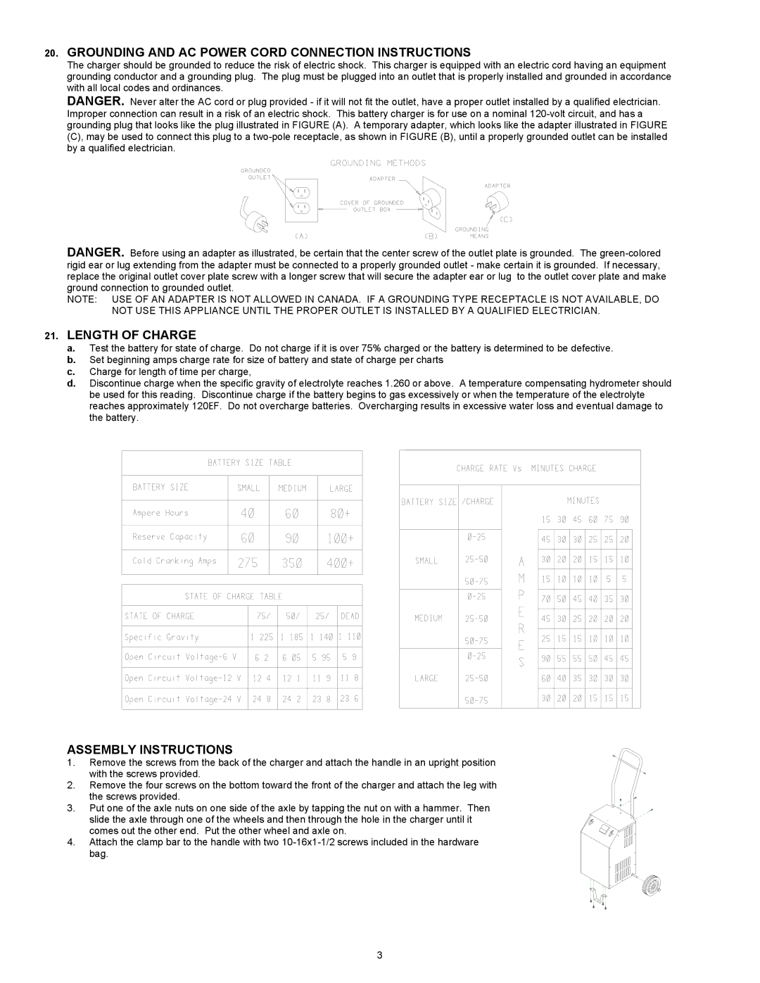 Associated Equipment BCH7109A Grounding and AC Power Cord Connection Instructions, Length of Charge, Assembly Instructions 