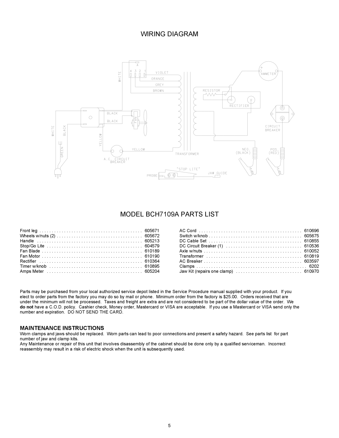 Associated Equipment important safety instructions Wiring Diagram Model BCH7109A Parts List, Maintenance Instructions 