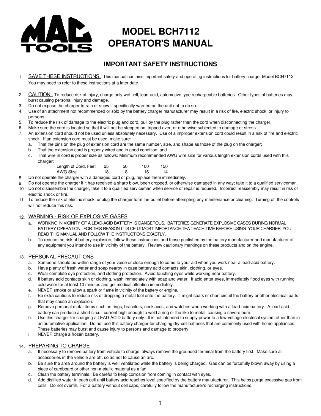 Associated Equipment BCH7112 important safety instructions Important Safety Instructions, Personal Precautions 