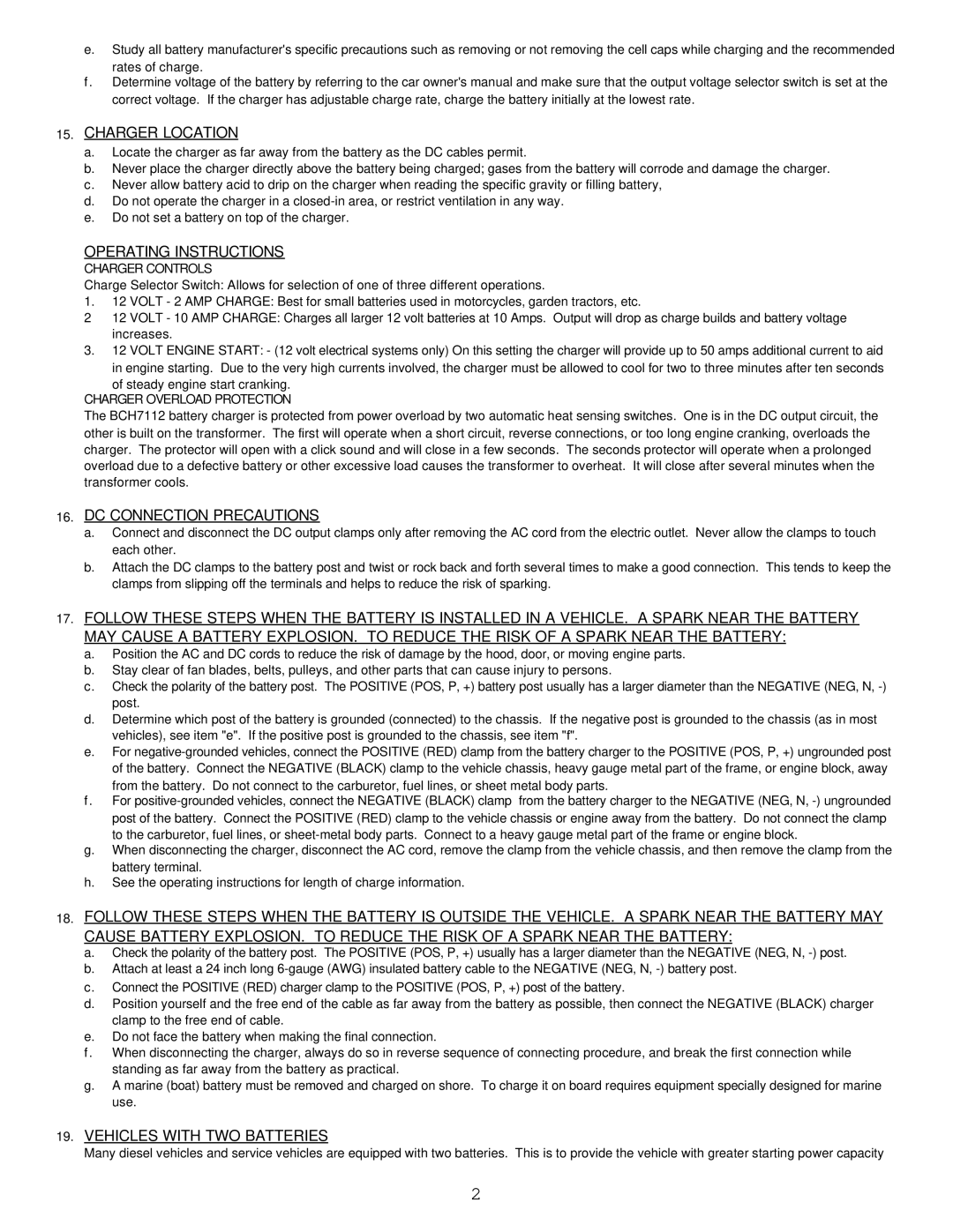 Associated Equipment BCH7112 Charger Location, Operating Instructions, DC Connection Precautions 