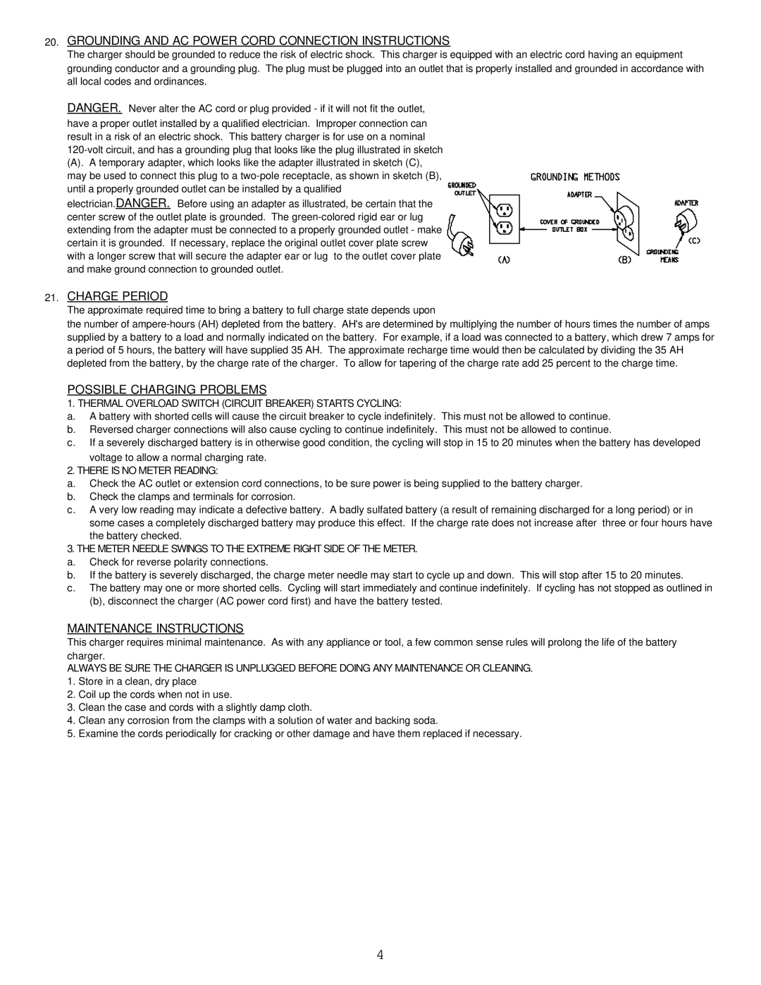 Associated Equipment BCH7112 Grounding and AC Power Cord Connection Instructions, Charge Period, Maintenance Instructions 