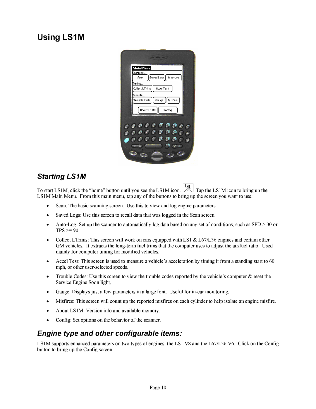 Associated Equipment GM LS1, GM L67, GM L36 manual Using LS1M, Starting LS1M, Engine type and other configurable items 