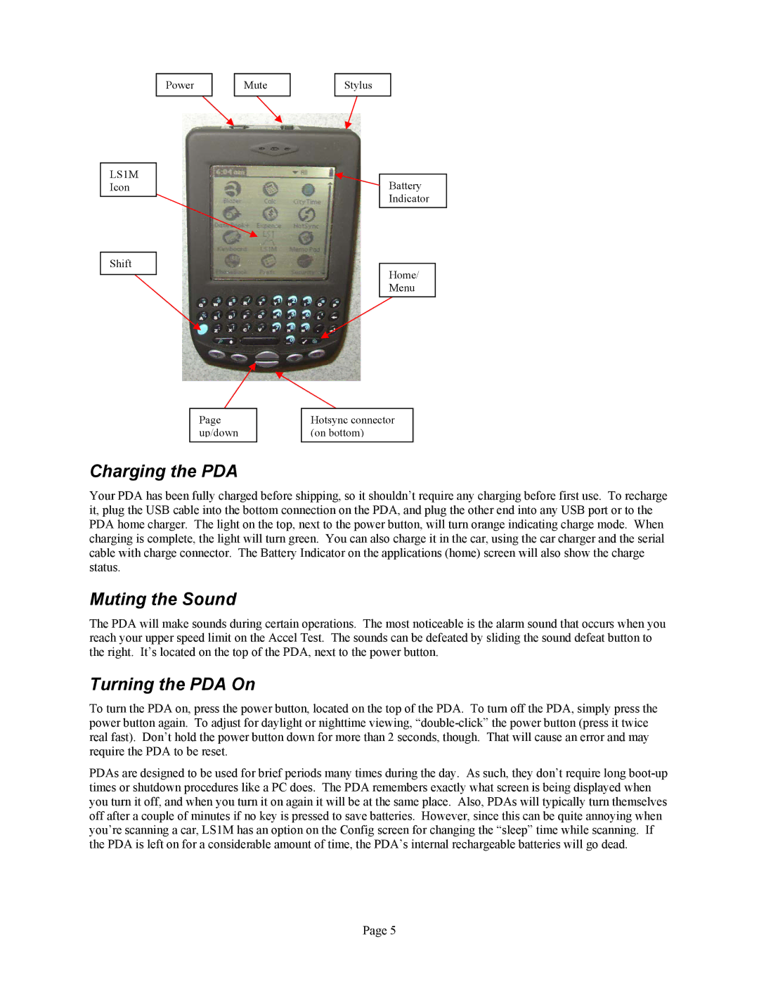 Associated Equipment GM L36, GM L67, GM LS1 manual Charging the PDA, Muting the Sound, Turning the PDA On 