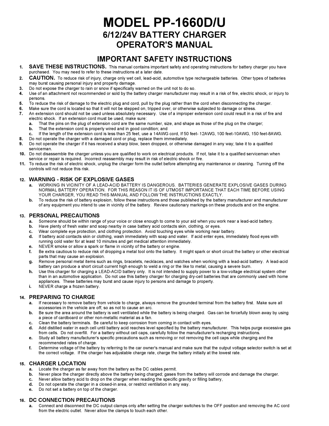 Associated Equipment PP-1660D/U important safety instructions Personal Precautions, Preparing to Charge, Charger Location 