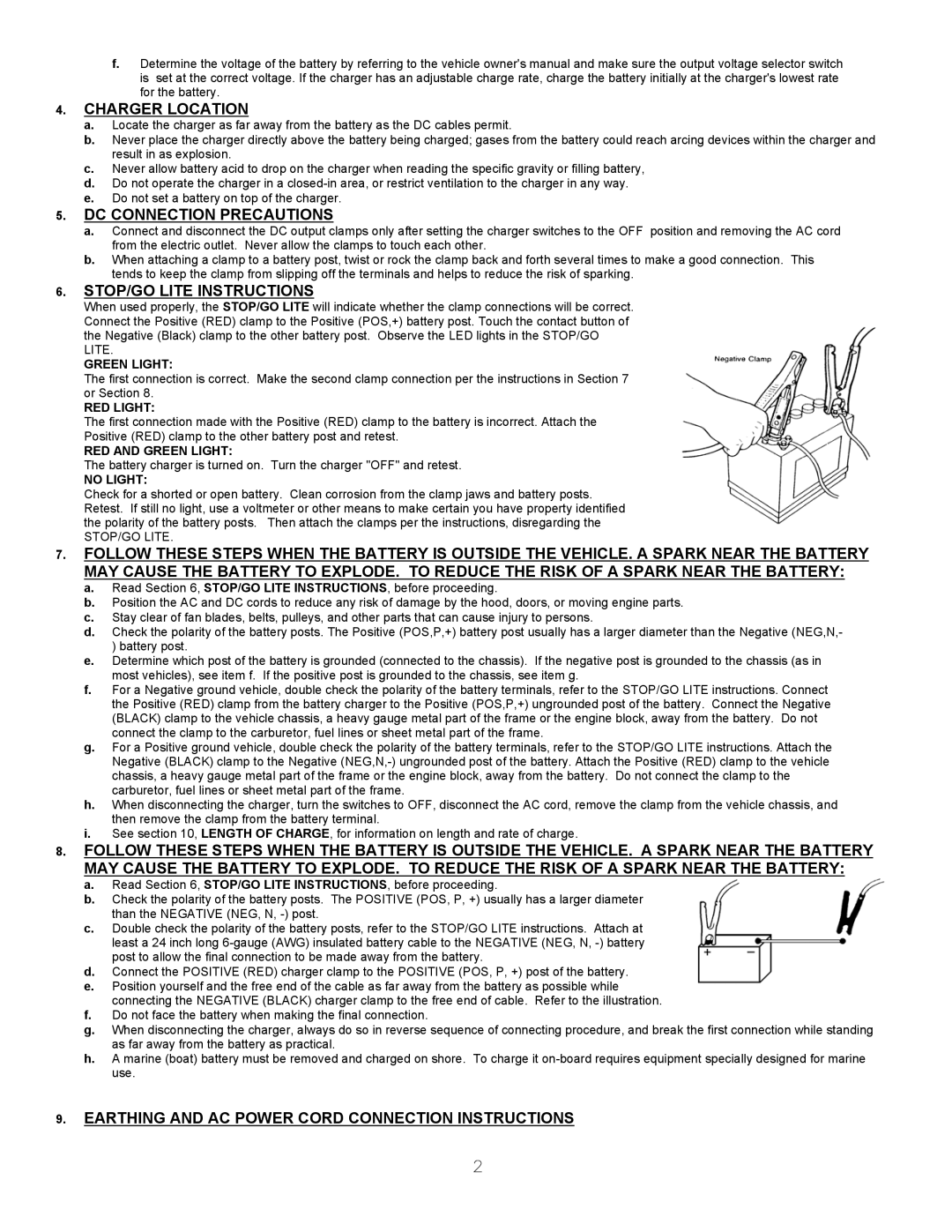 Associated Equipment YA167B Charger Location, DC Connection Precautions, STOP/GO Lite Instructions 