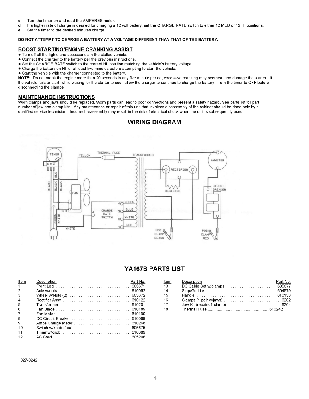 Associated Equipment Wiring Diagram YA167B Parts List, Boost STARTING/ENGINE Cranking Assist, Maintenance Instructions 