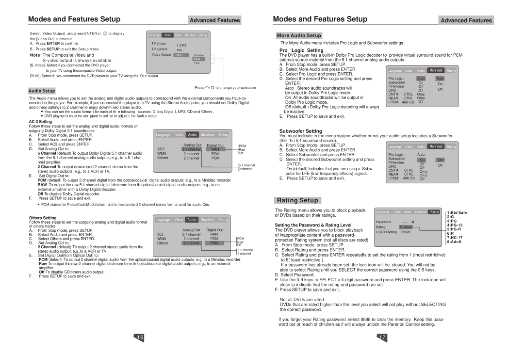 Astar electronic DVD-3200 manual Rating Setup 