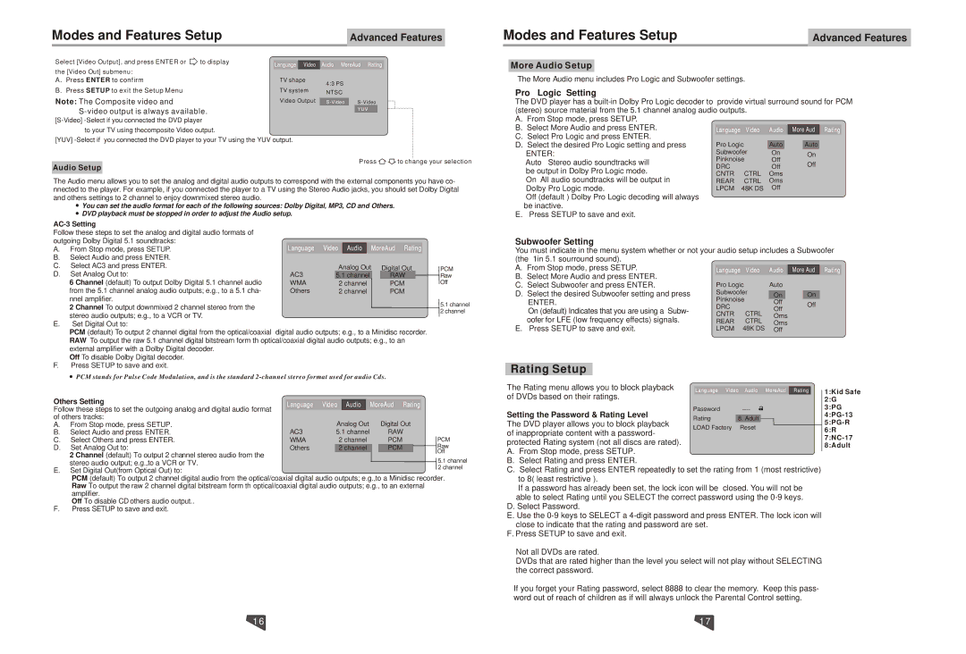 Astar electronic DVD-6800 manual Rating Setup 