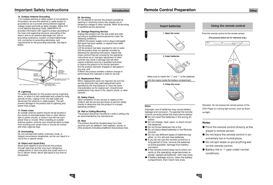 Astar electronic DVD-6800 manual Important Safety Instructions, Outdoor Antenna Grounding 