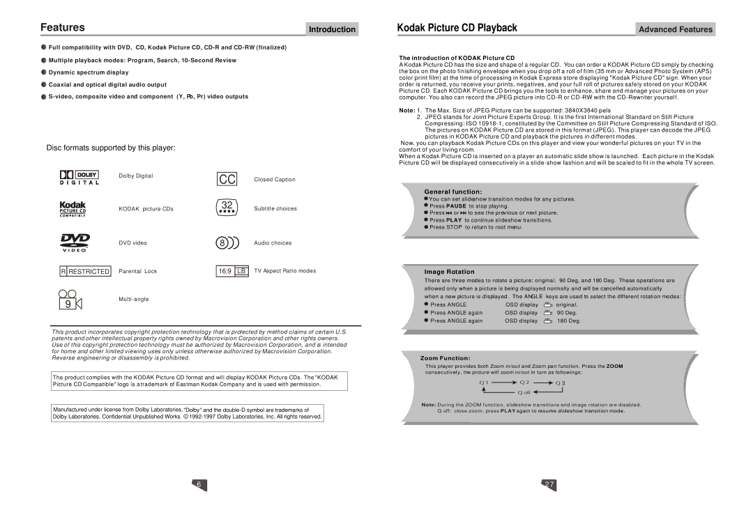 Astar electronic DVD-6800 manual Features, Kodak Picture CD Playback 