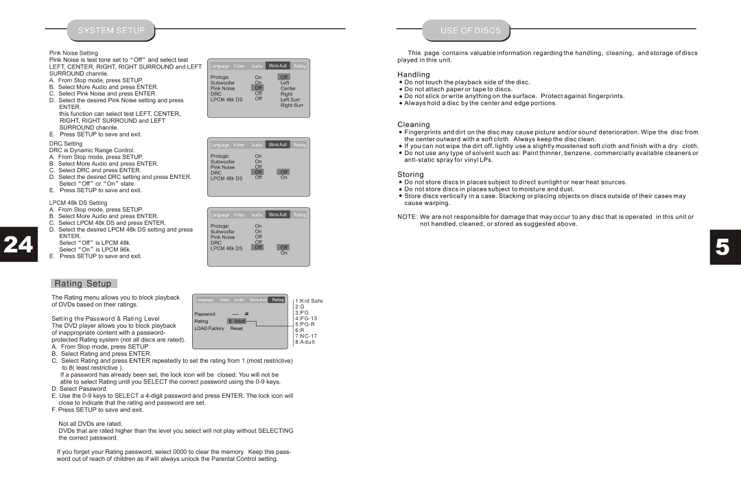 Astar electronic HT-3300A manual System Setup USE of Discs, Pink Noise Setting, DRC Setting, Lpcm 48k DS Setting 