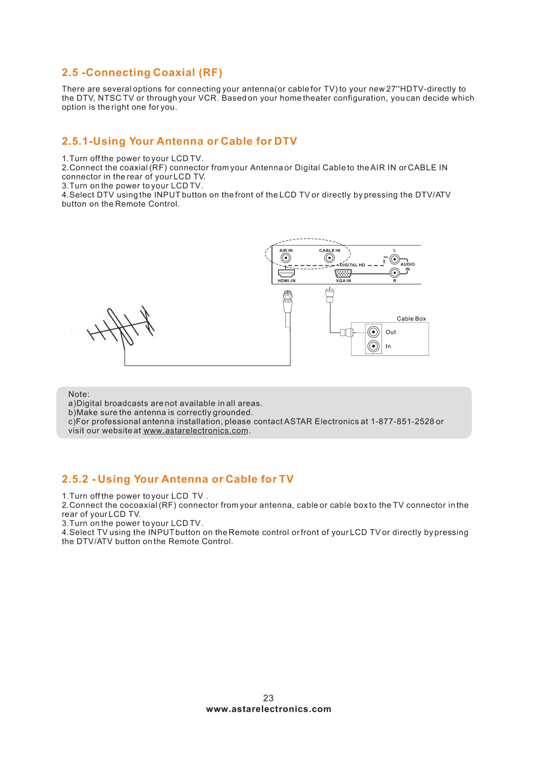 Astar electronic LTV-27HBG Connecting Coaxial RF, Using Your Antenna or Cable for DTV, Using Your Antenna or Cable for TV 