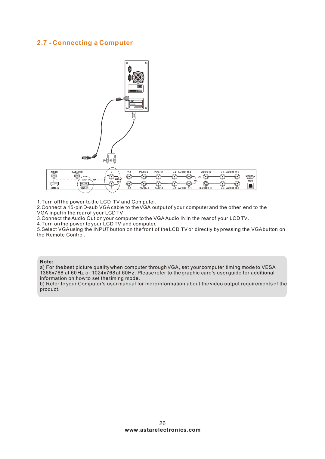 Astar electronic LTV-27HBG manual Connecting a Computer 