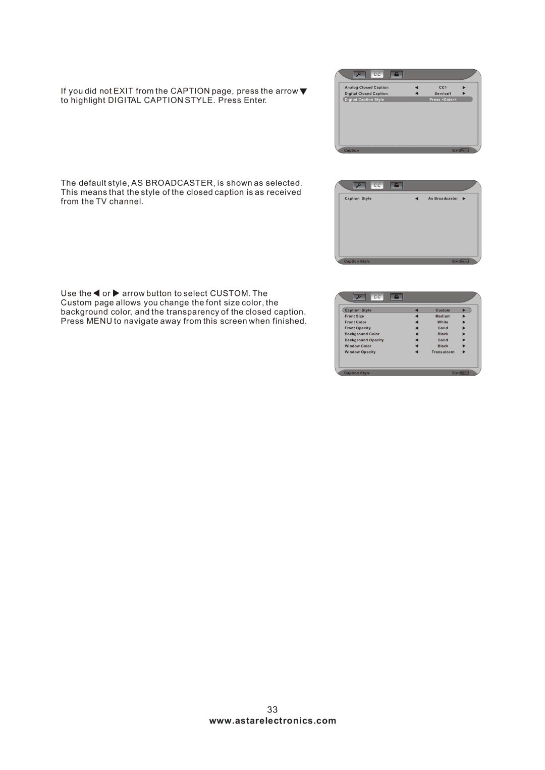 Astar electronic LTV-27HBG manual Digital Caption Style Press Enter 