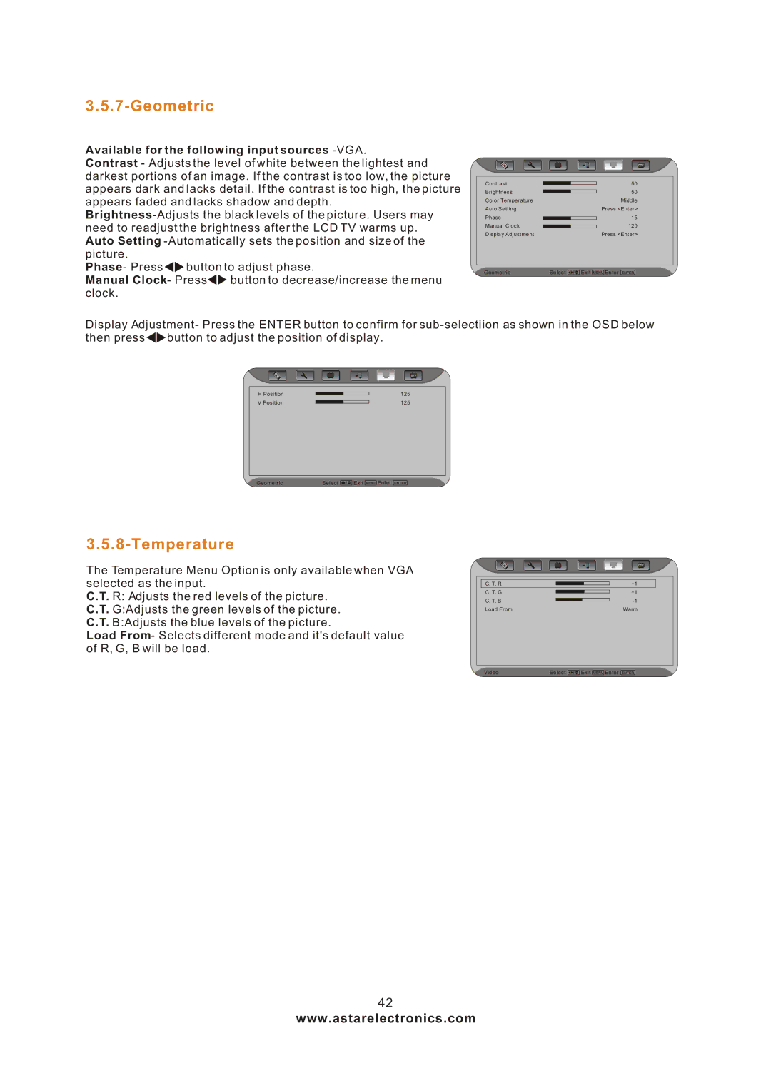 Astar electronic LTV-27HBG manual Geometric, Temperature 