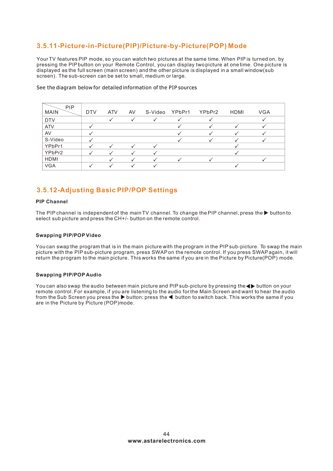 Astar electronic LTV-27HBG manual Picture-in-PicturePIP/Picture-by-PicturePOP Mode, Adjusting Basic PIP/POP Settings 