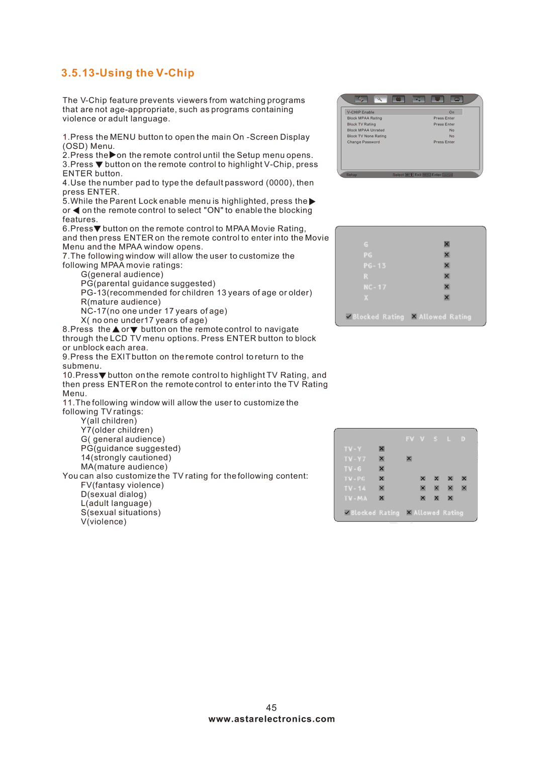 Astar electronic LTV-27HBG manual Using the V-Chip 