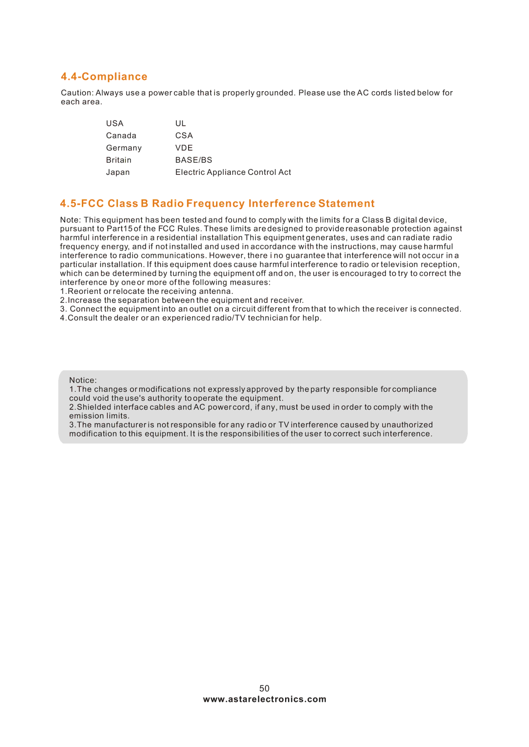 Astar electronic LTV-27HBG manual Compliance, FCC Class B Radio Frequency Interference Statement 