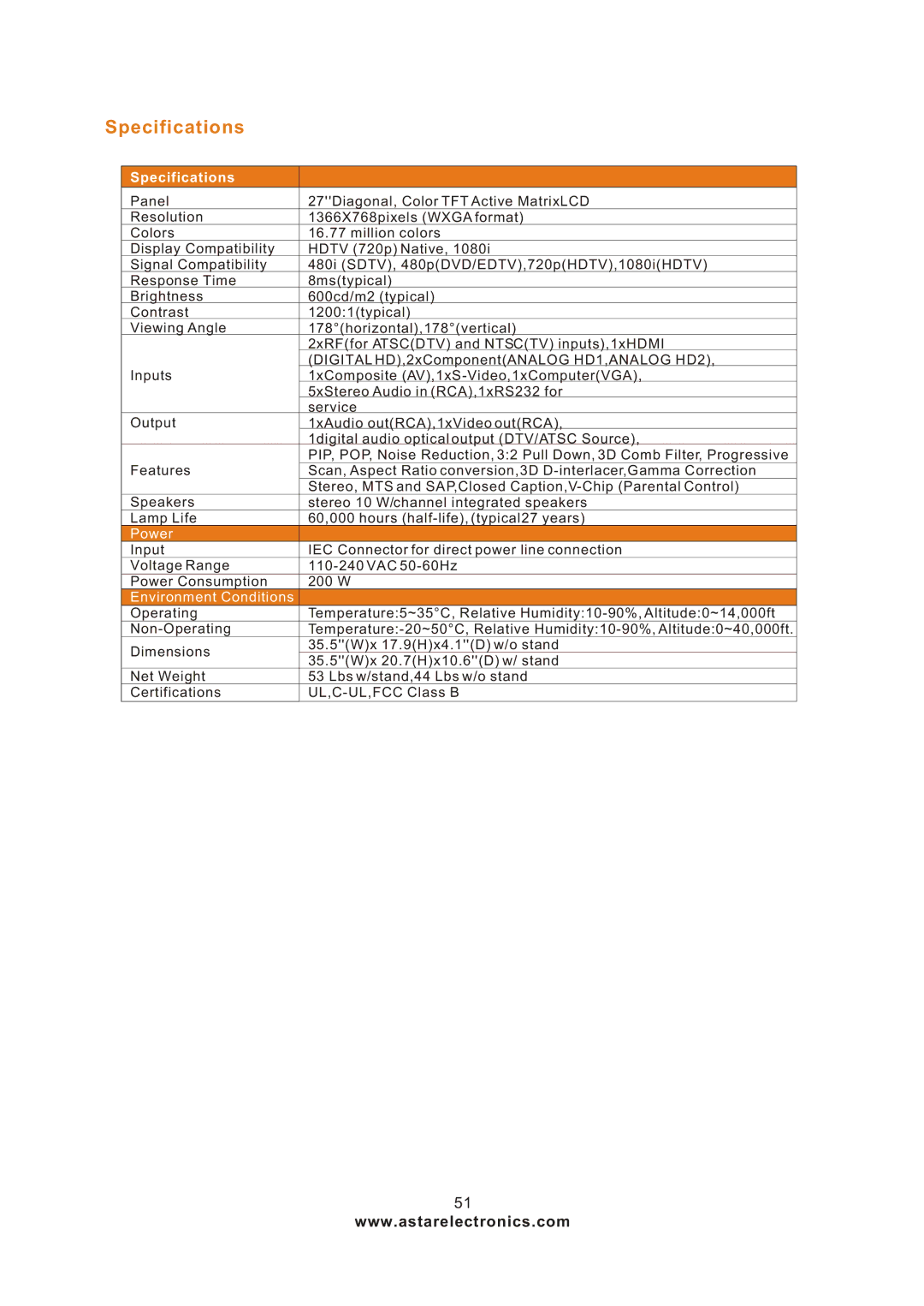 Astar electronic LTV-27HBG manual Specifications 