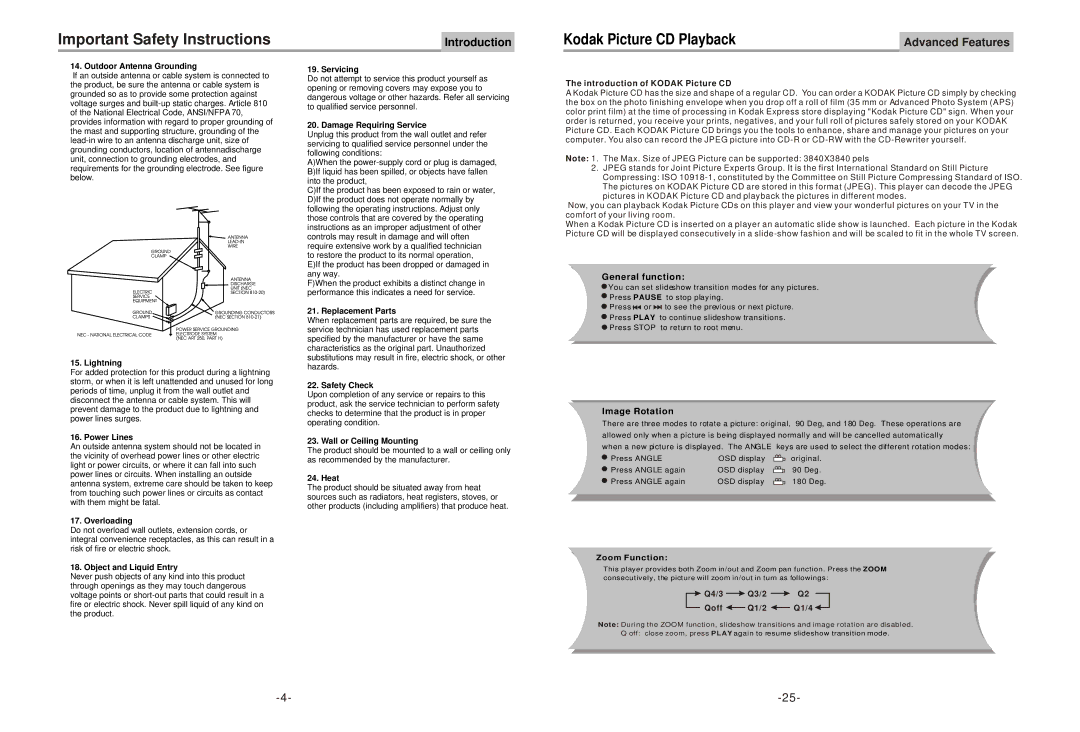 Astar electronic PD-3020 manual Kodak Picture CD Playback, Outdoor Antenna Grounding 