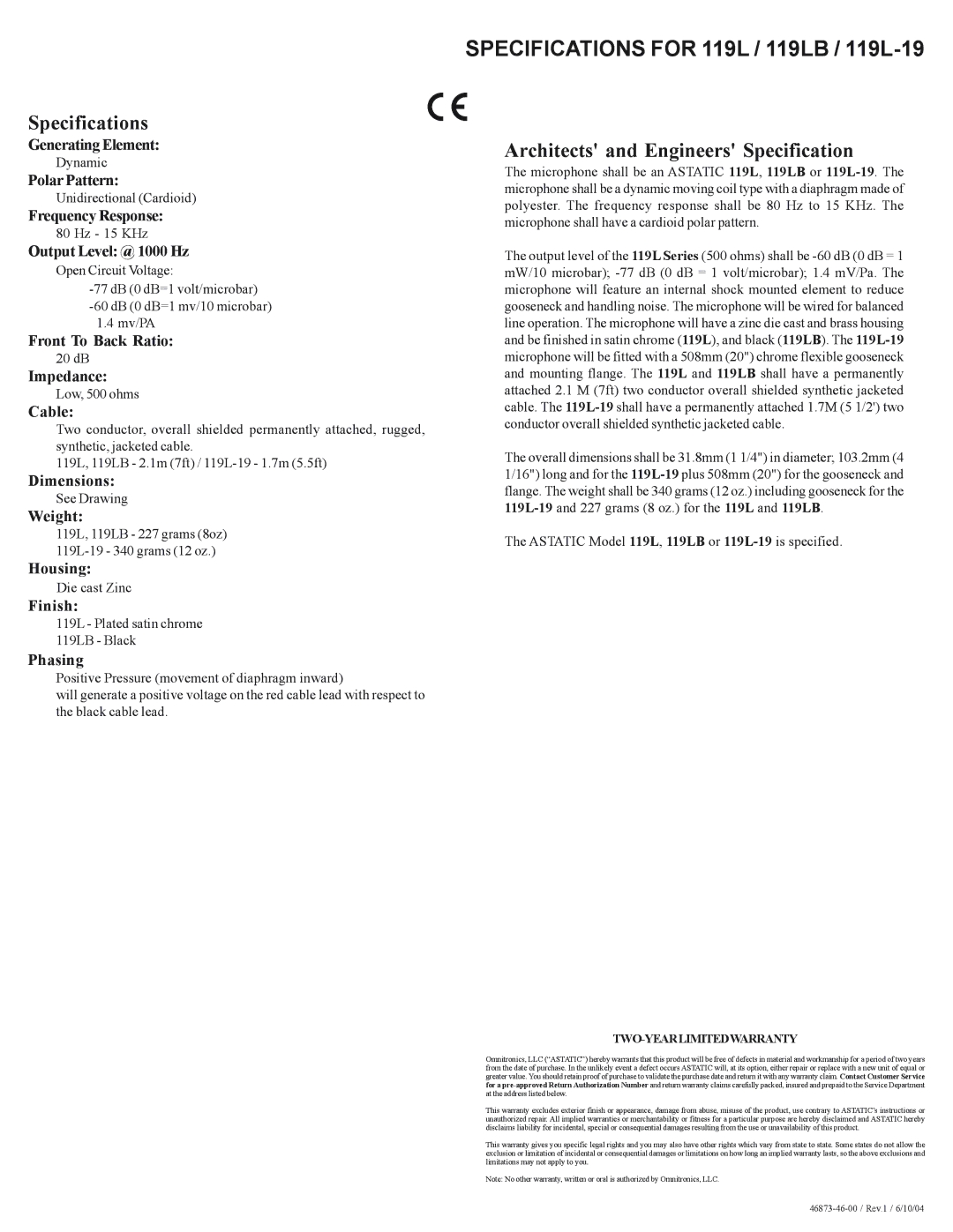 Astatic 119LB, 119L-19 manual Specifications, Architects and Engineers Specification 