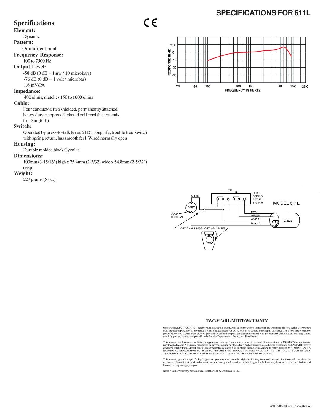 Astatic manual Specifications for 611L 